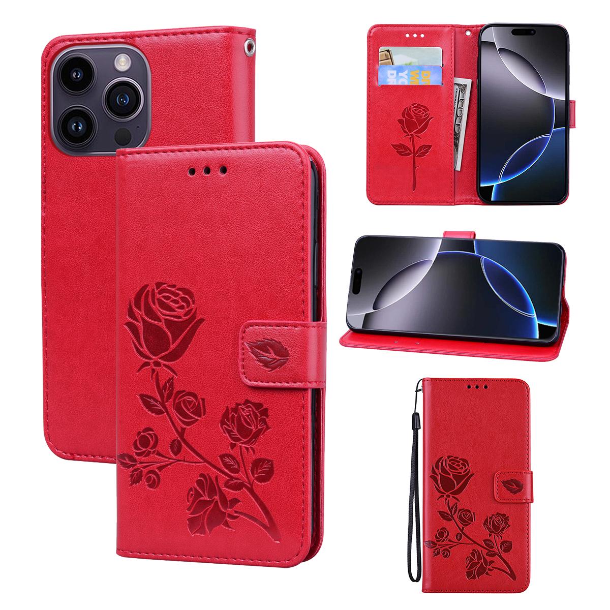 

For iPhone 15 Pro Case Rose Pattern Leather Wallet Phone Cover with Strap Red