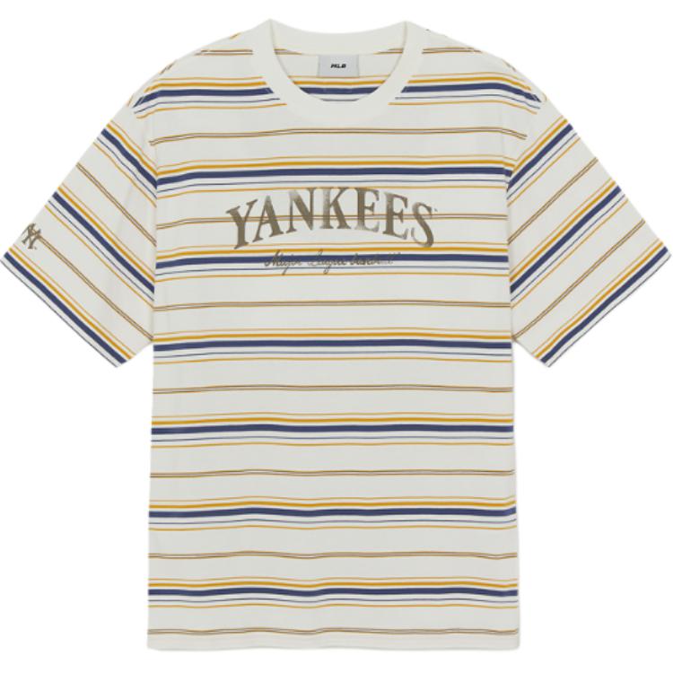 MLB New York Yankees Gestreept Ronde Hals Losse Pasvorm Korte Mouw T-shirt Unisex Tops 3ATSV0463-50IVS S beige