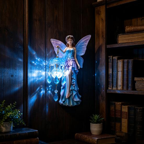 Boho Country Style Home Decorations Fairy Wall Lamp, Resin Sconce with Warm LED Glow for Bedroom Vintage Elf Sculptures Living Room, Rustic Decoration