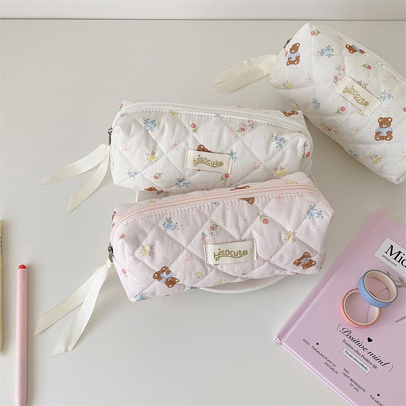 Cute Bear Prints Pencil Case Pen Bag Large-Capacity Student Stationery Storage Bag Portable  Girly Cosmetic Bag Gifts