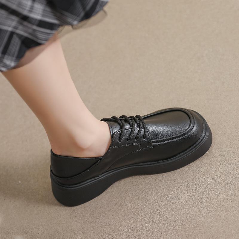Leather small leather shoes women's 2025 lace-up spring British style single shoes black loafers soft-soled muffin platform loafers