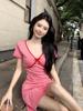 Women's Chic Red Plaid V-Neck A-Line Dress - Summer Waist-Cinching Short-Sleeved Skirt