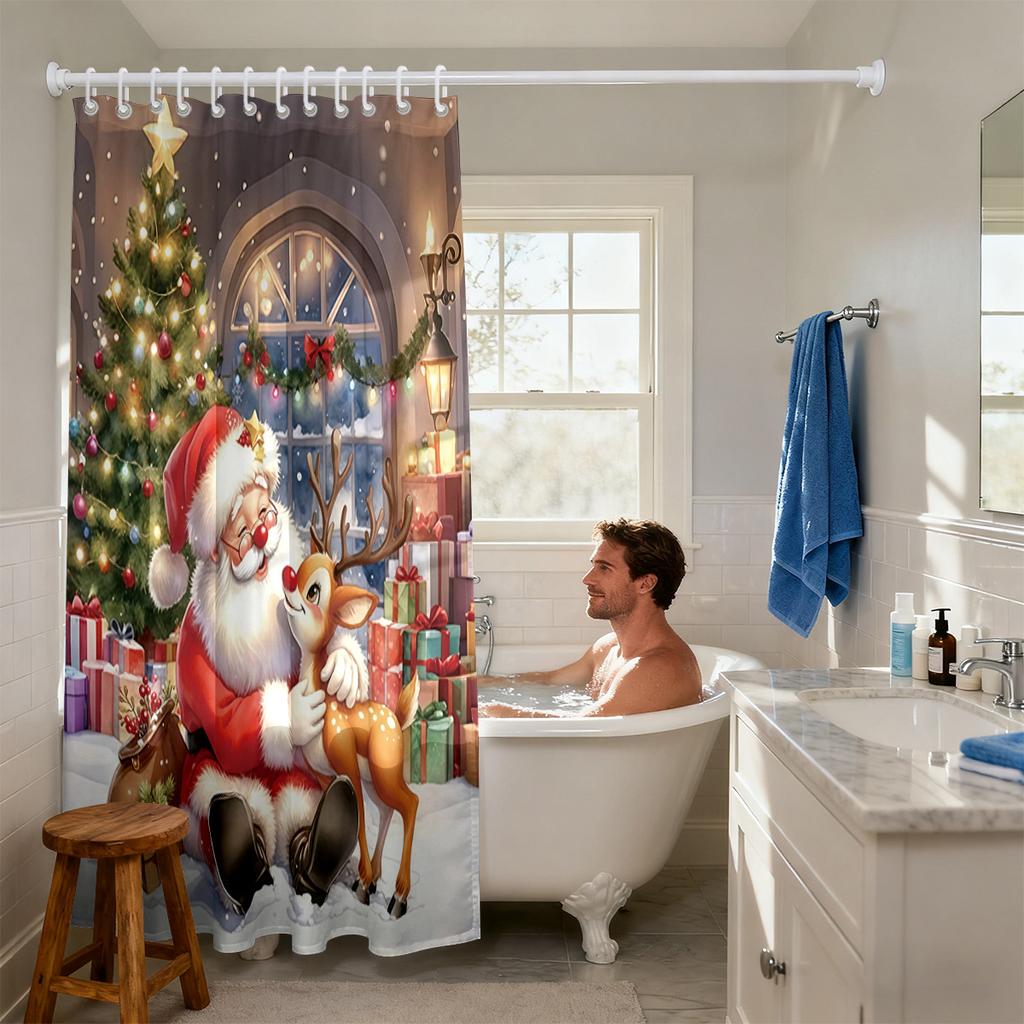 1pc Merry Christmas, Santa Claus print, waterproof shower, privacy curtain with 12 hooks, multiple sizes machine washable