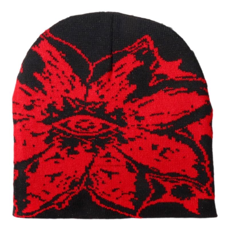 Unisex Jacquard Eye Flower Pattern Knitted Beanies Hat Fashionable Winter Warm Hiphop Bonnet Skull Hat for Men and Women