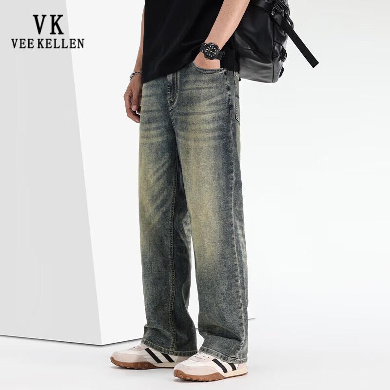 VEE KELLEN Men's Lightweight Summer Loose Straight-Leg Retro Denim Jeans