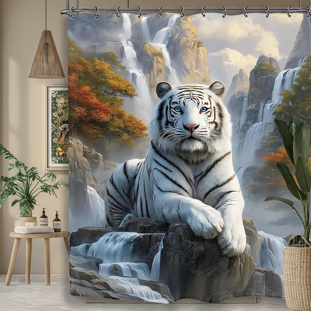 White Tiger Animal Printed Shower Curtain Cool Majestic Wildlife Artwork For Modern Bathroom Decor