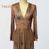 Spring Fall Dress V Neck Digital Floral Print Pleated A-line Maxi Dress Long Sleeves Beach Dress for Party Travel