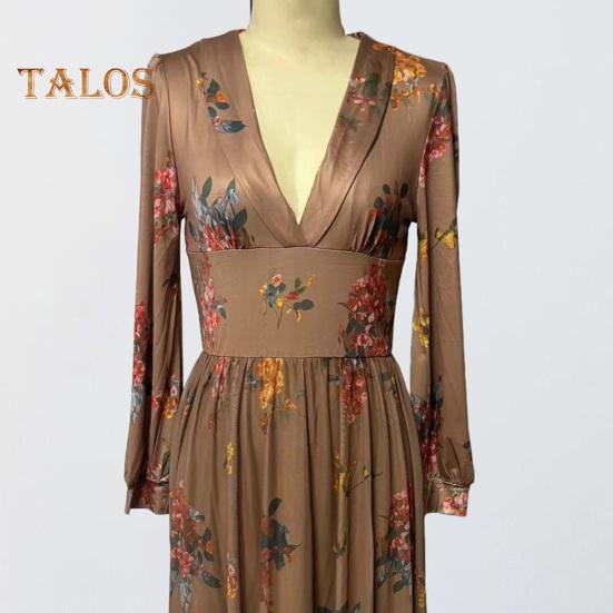 Spring Fall Dress V Neck Digital Floral Print Pleated A-line Maxi Dress Long Sleeves Beach Dress for Party Travel