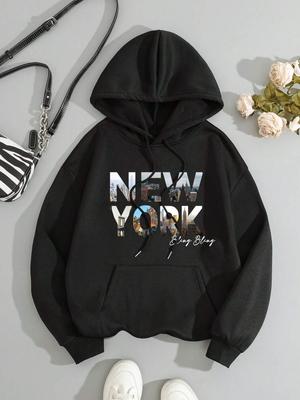 New York Scenery Printing Sweatshirt Womens Autumn Soft Hooded Simple Warm Comfortable Hoodie Street Oversize Fashion Pullovers