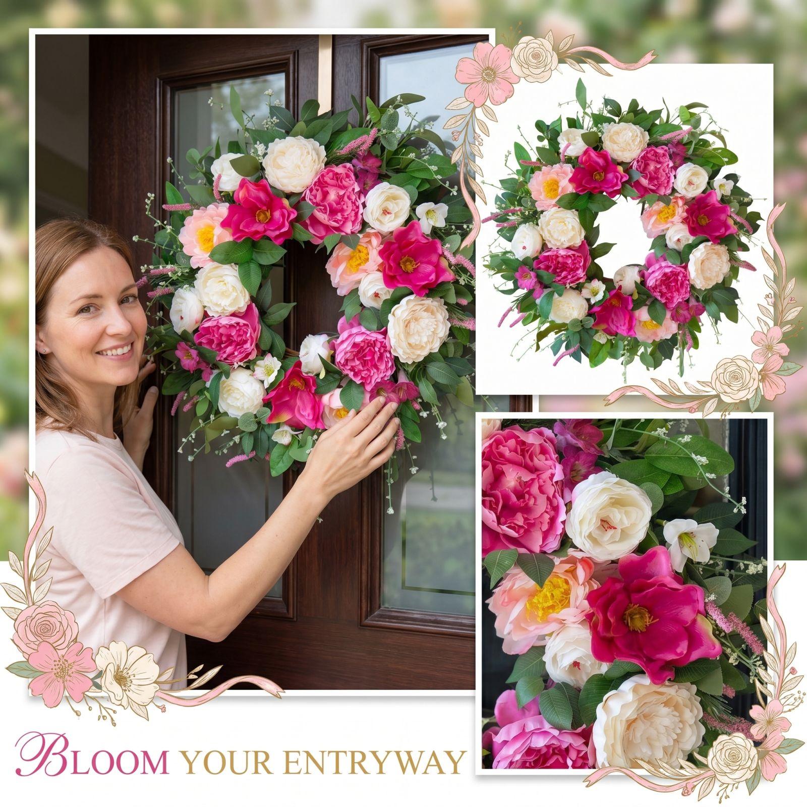 

Artificial Peony Flower Wreath 45CM Realistic Silk Floral Door Hanging Decoration with Green Leaves and Mixed Bloom Arrangement for Indoor Outdoor Use one size розовый