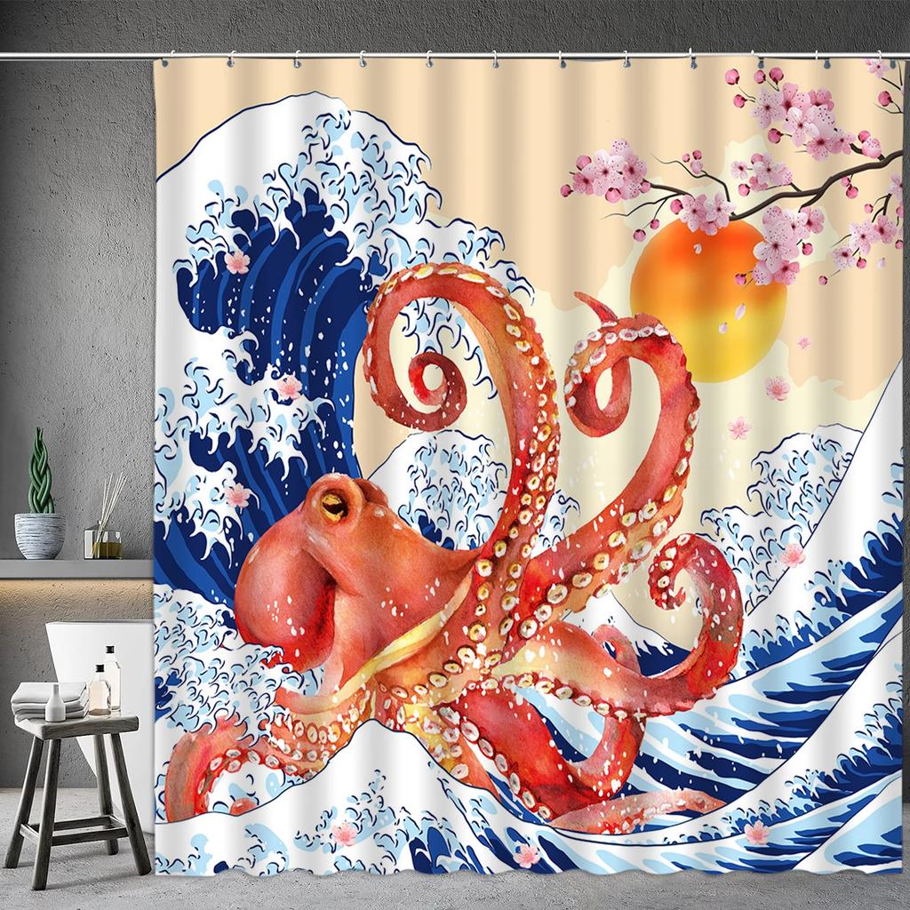 Asian Shower Curtain Japanese Traditional Black and White Mt. Fuji Cherry Blossom Fish Waves Red Sun Octopus Bathroom Decoration