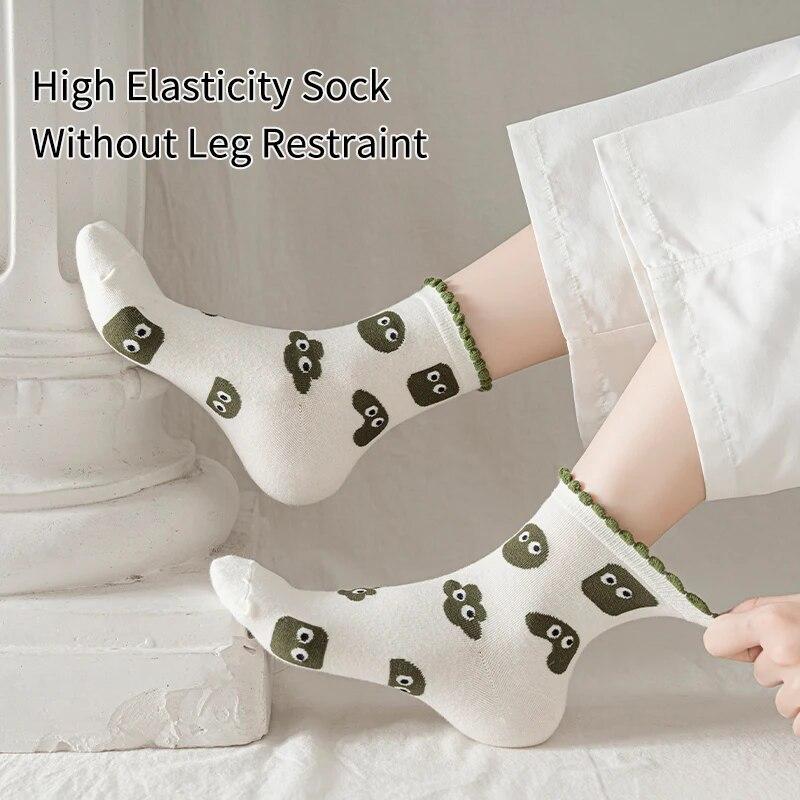 5 Pairs of Women's Spring and Summer Four-season Green Fun Eyes Personalized Cartoon Comfortable Mid-calf Socks