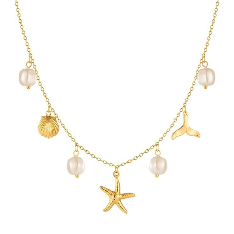 Fashionable and Versatile Ocean-themed Necklace. Multi-element Pearl and Shell Luxury Women s Necklace. Golden 1
