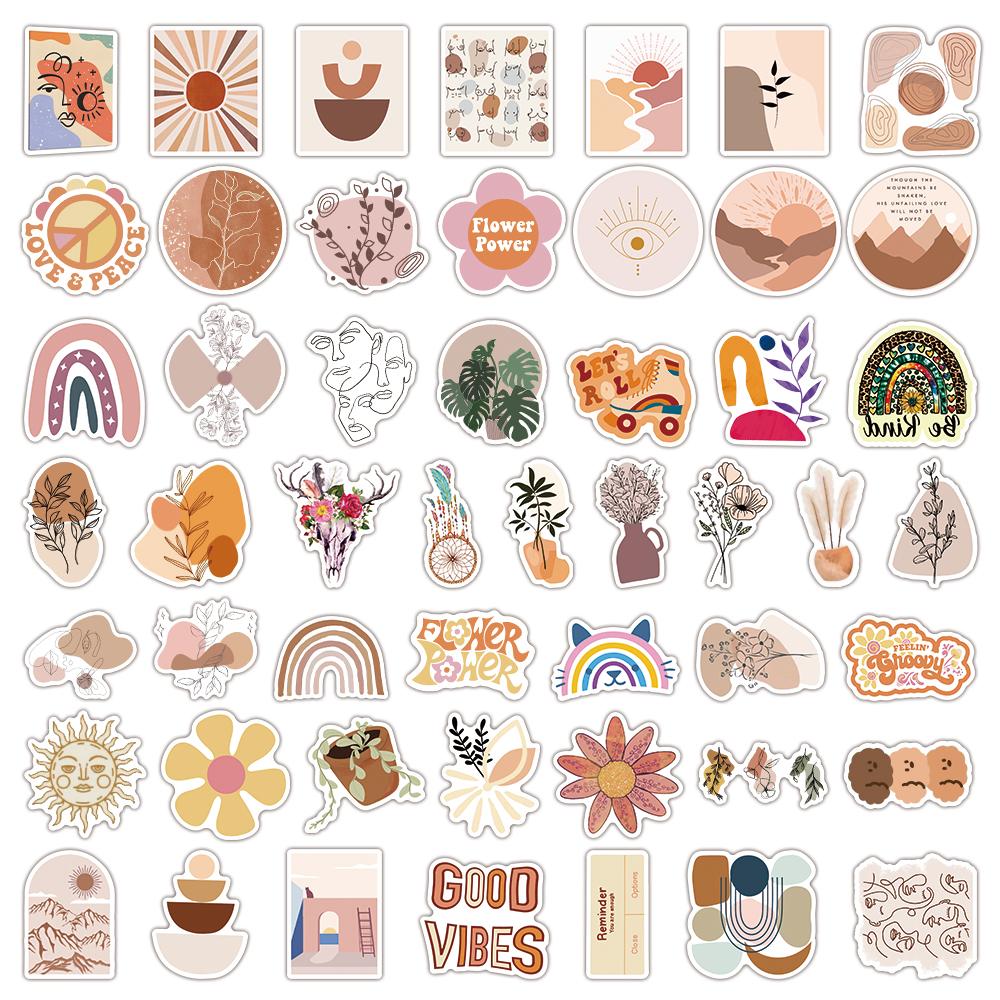 50 100Pcs Vintage Art Bohemia Stickers Retro Boho Cartoon Morandi Vinyl Decals For Laptop Scrapbooking Notebook Case Decor
