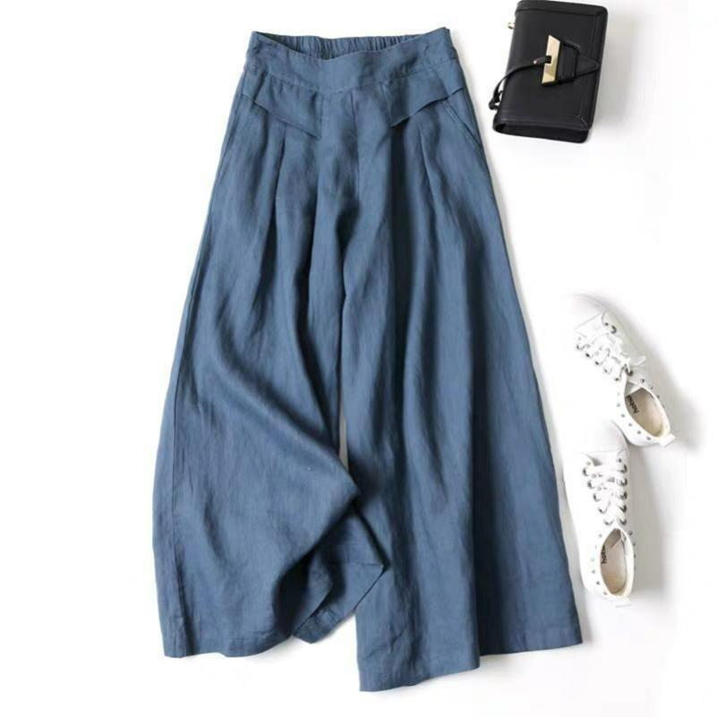 Women's Loose-fitting Semi-elastic High-waist Thin Literary Cotton and Linen Wide-leg Culottes