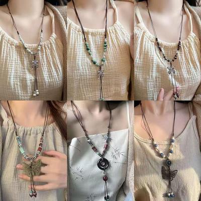 Jingdezhen Ceramic Ethnic Necklace: Chinese Style Long Sweater Chain with Ancient Pendant for Women