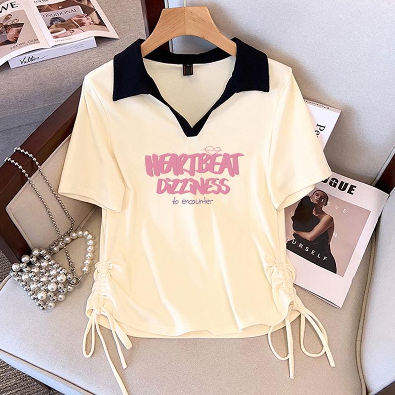 Women's Pure Cotton French Polo Collar V-Neck T-Shirt, Short Sleeve, Loose Fit, Plus Size, Summer 2025 Style