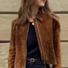 Turndown Collar Zipper Long Sleeve Brown Suede Jacket Windproof Warm Women's Retro Short Jacket Spring and Autumn