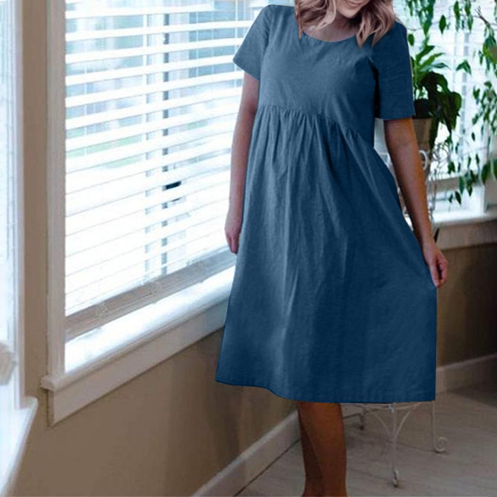 Women's Short Sleeve Cotton Linen Round Neck Pullover Oversized Dress
