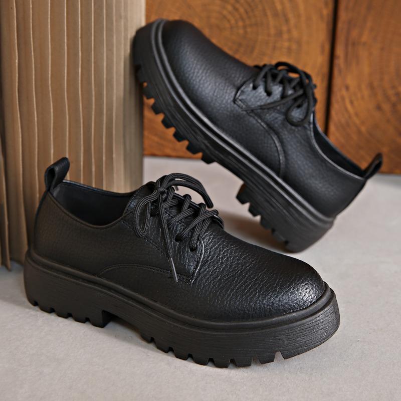 Fashion Block Heel Platform Single Shoes Autumn New Round Toe Front Lace-up Soft Leather Soft Sole Non-slip Low Top Shoes