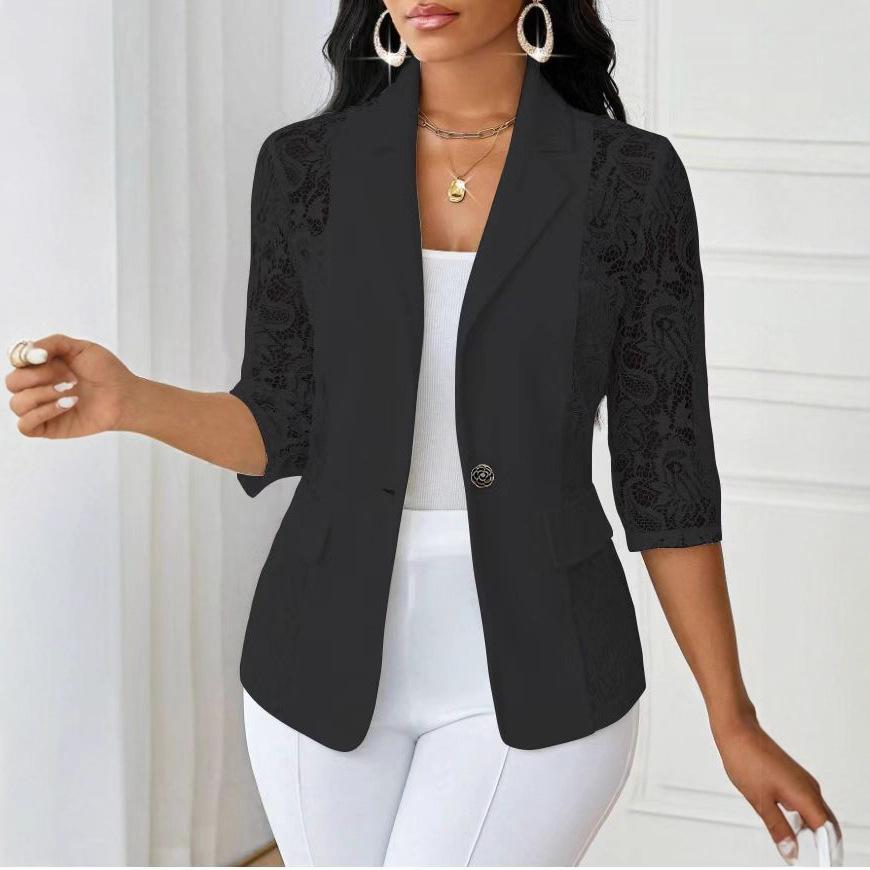 Women's Lapel Three‑Quarter Sleeve Blazer Slim Fit Elegant Lace Splicing Single Button Jacket