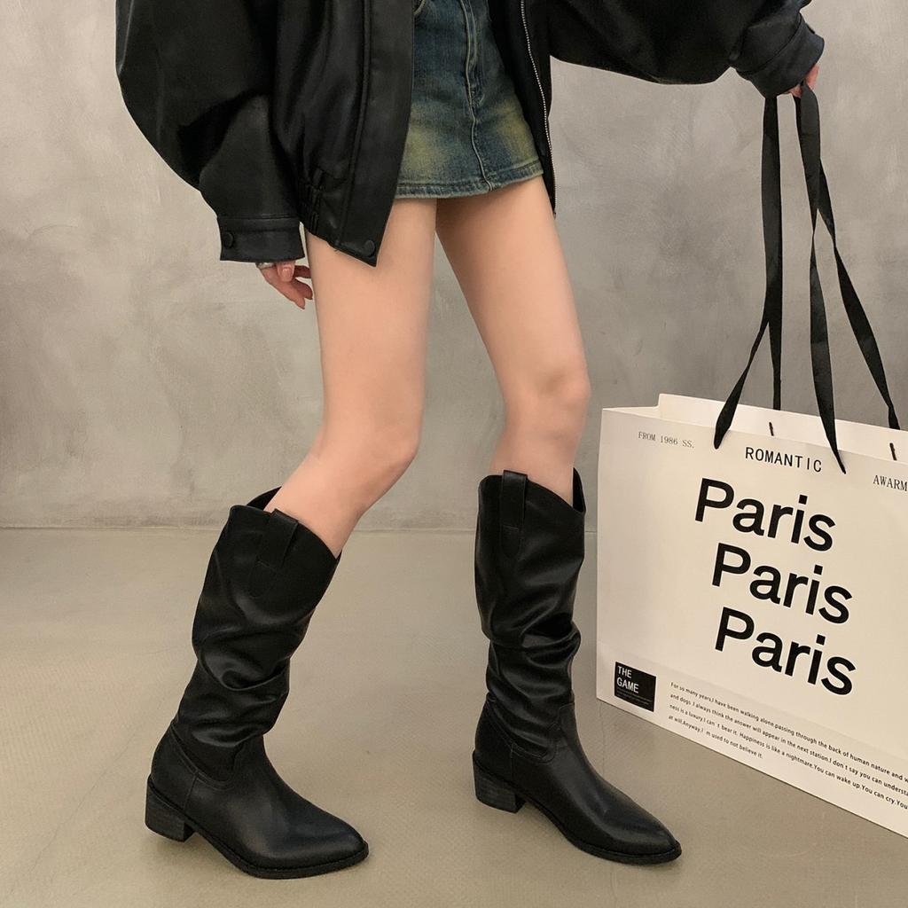 Retro brown V-mouth long boots 2025 autumn new thick heel suede tall knight boots popular western pile