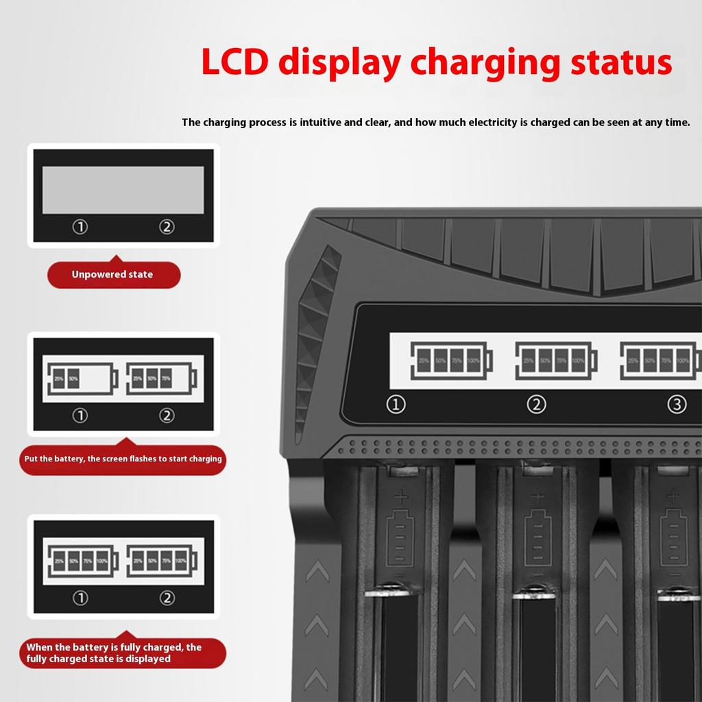 4-Channel Battery Charger Dock Adapter with LCD Screen for 2A 3A 18650 21700 16340 Cells Feature 4 Independent Bay