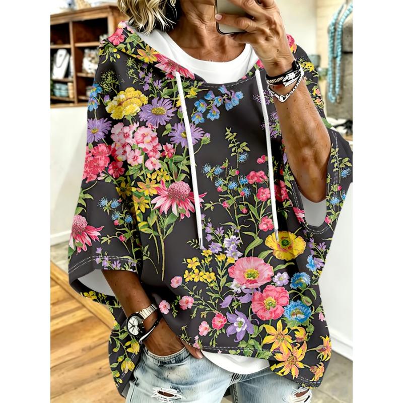 Women's large size drawstring hooded top with dropped shoulders and versatile style