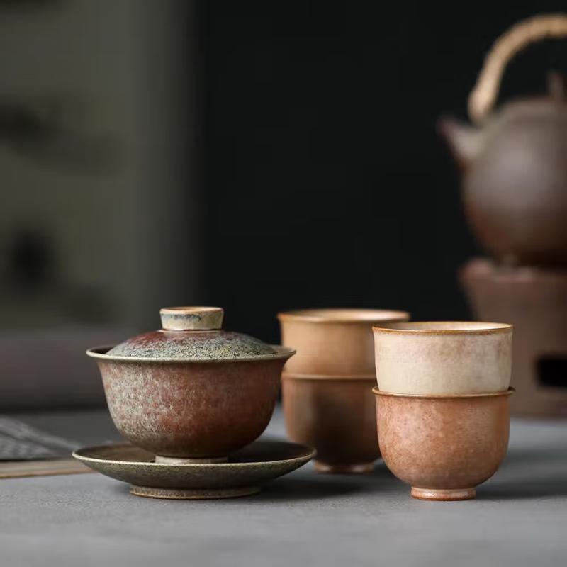 Керамический чайный набор гайвань ручной работы с глазурью цвета дерева