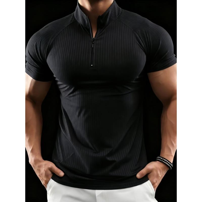 Men European Size Slim Fit Summer Half Zip Short Sleeve Ribbed Polo Shirt