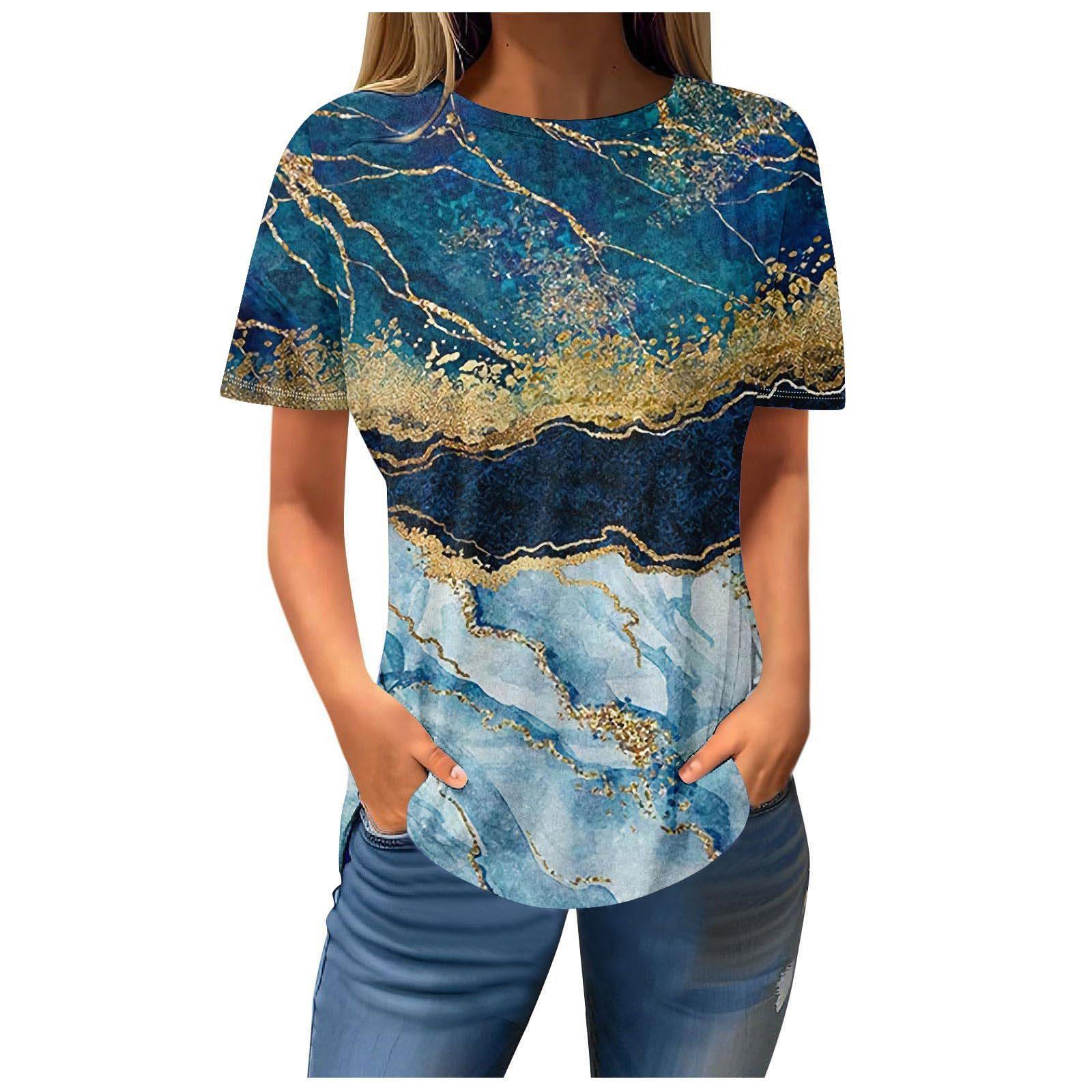 

Летние футболки с круглым вырезом и 3D абстрактным мраморным принтом, модные повседневные женские футболки с коротким рукавом XS