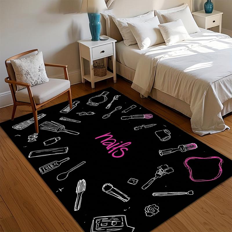 Nail Themed Area Rug Black Pink Non Slip Stain-resistant Floor Mat for Makeup Room & Bedroom Nail Studio Carpet Minimalist