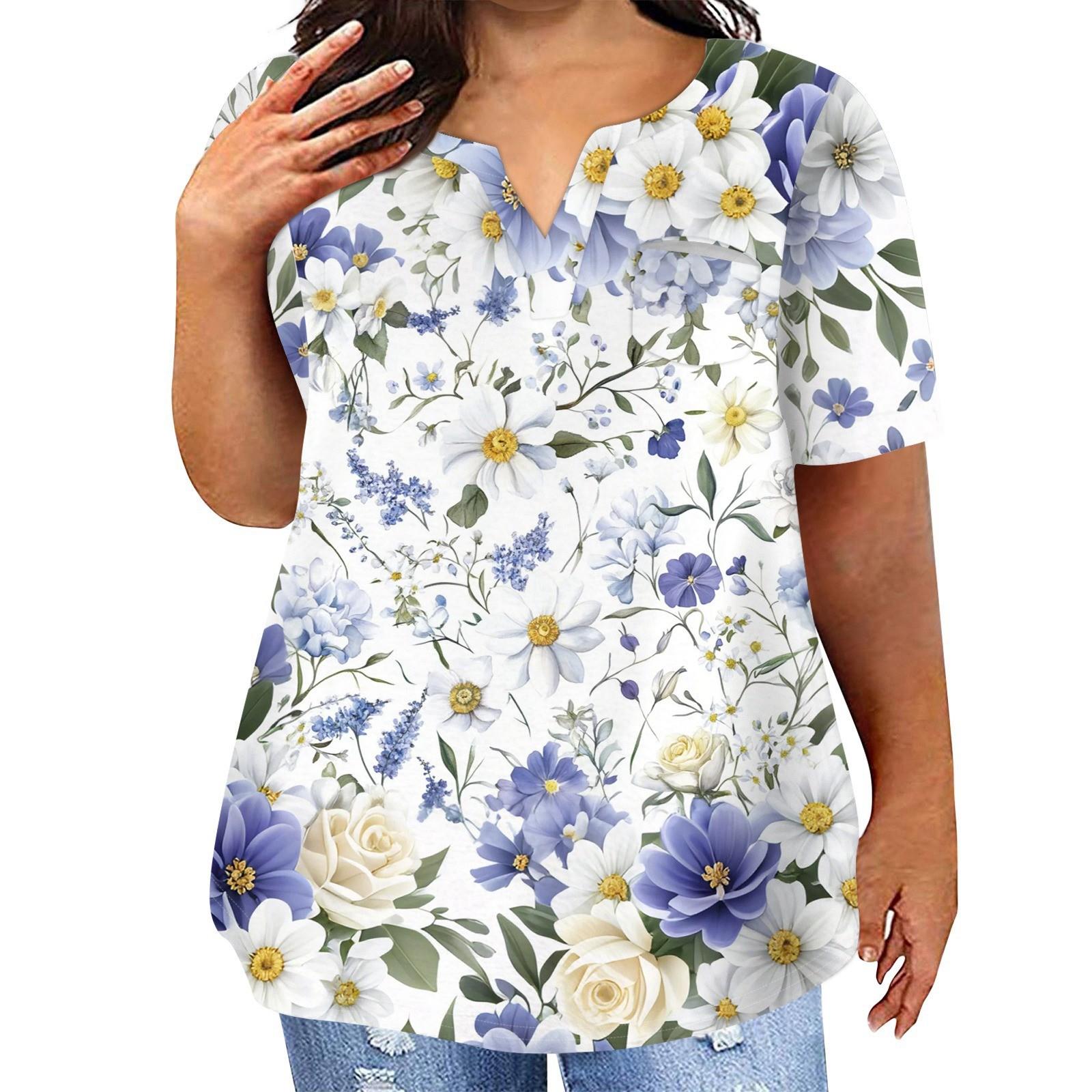 

Женская футболка большого размера, повседневный топ с карманами и V-образным вырезом с короткими рукавами XL фиолетовый