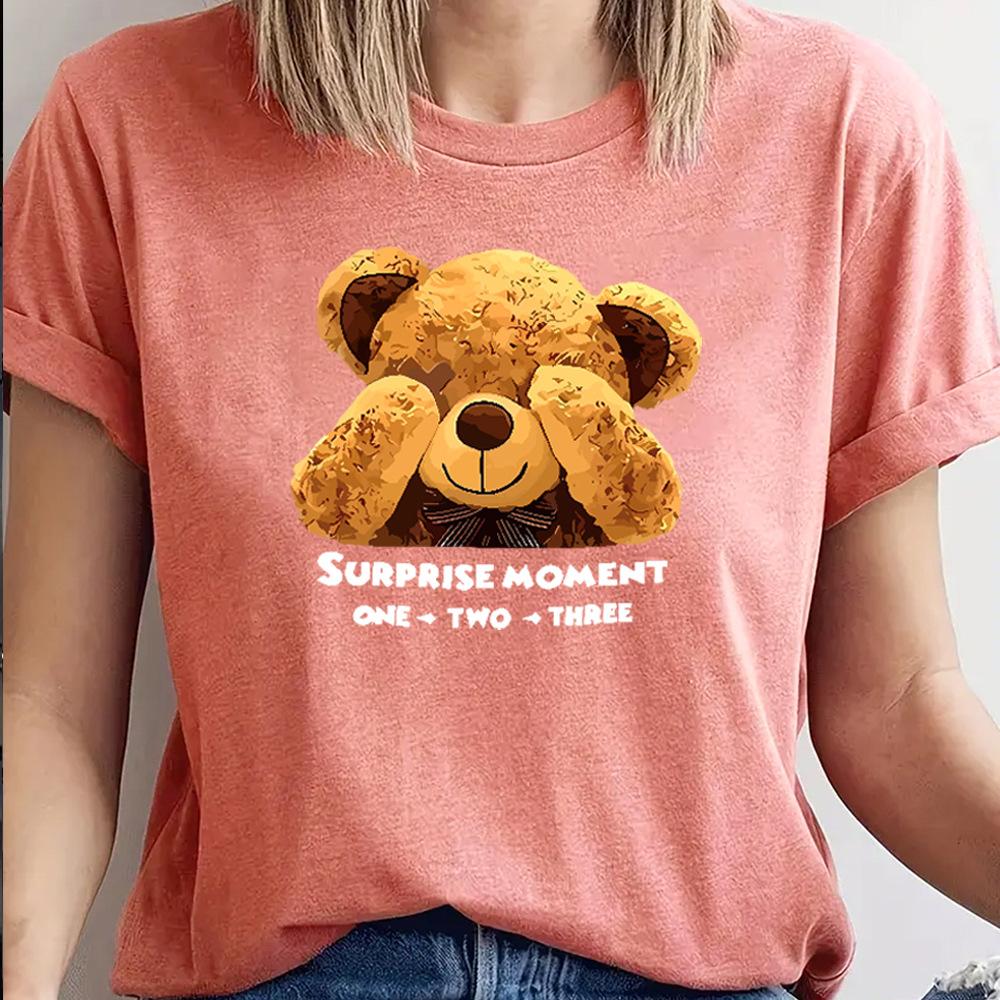 BEAR Pattern Cotton T-Shirt Short Sleeve Round Neck Women 2d Print Tops