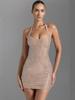 *Opulent Rhinestone Halter Mini Dress with Waist-Cinching and Open Back*