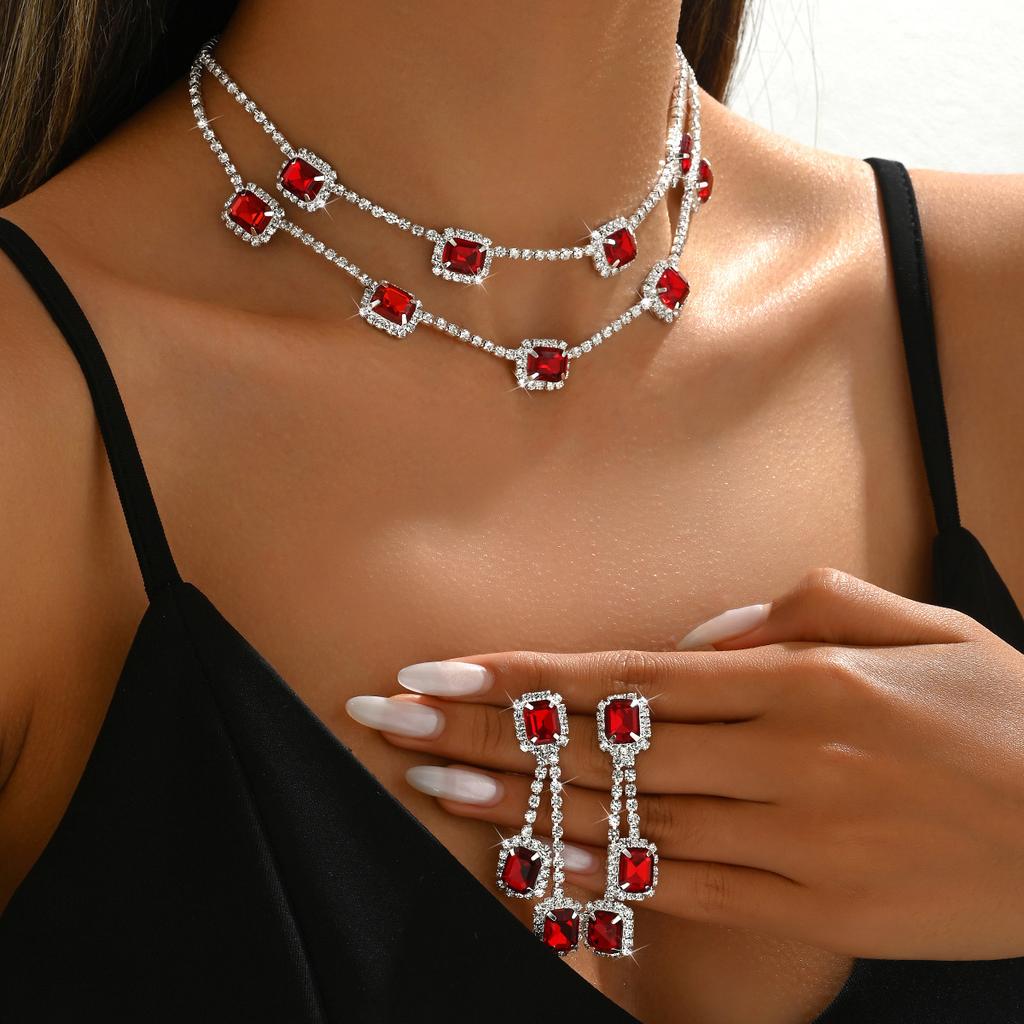 Collana Quadrata a Doppio Strato con Orecchini Pendenti - Set di Due Pezzi Lussuoso per Matrimonio