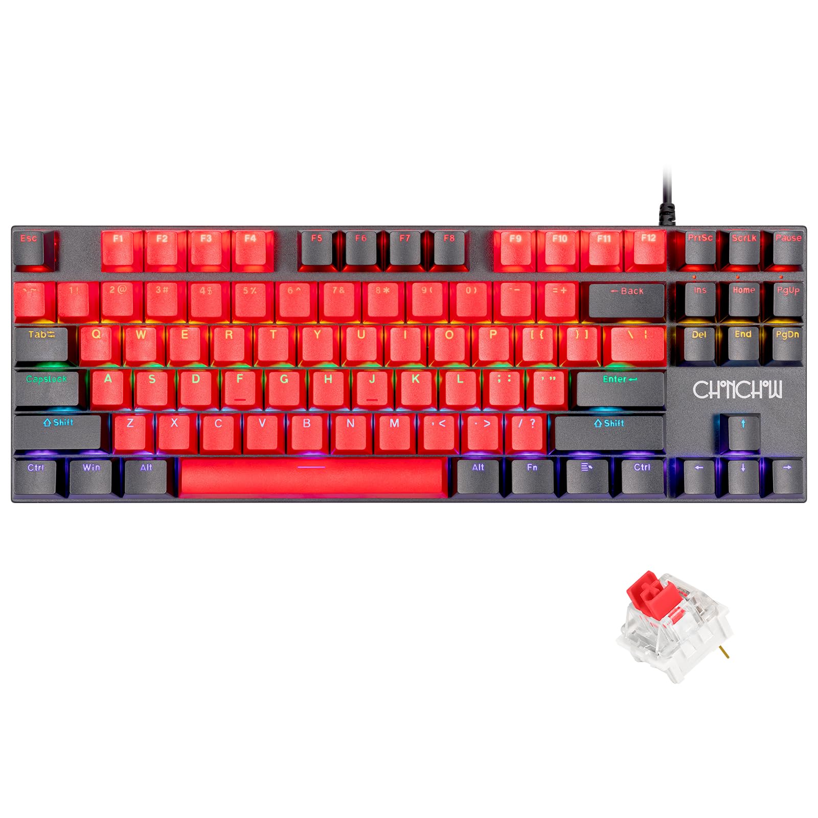 

Ігрова клавіатура CHONCHOW Червона осьова клавіша RGB Механічна клавіатура зі світлодіодним підсвічуванням Сумісна з дротовою цифровою клавіатурою 87 клавіш Усі клавіші 26 режимів підсвічування