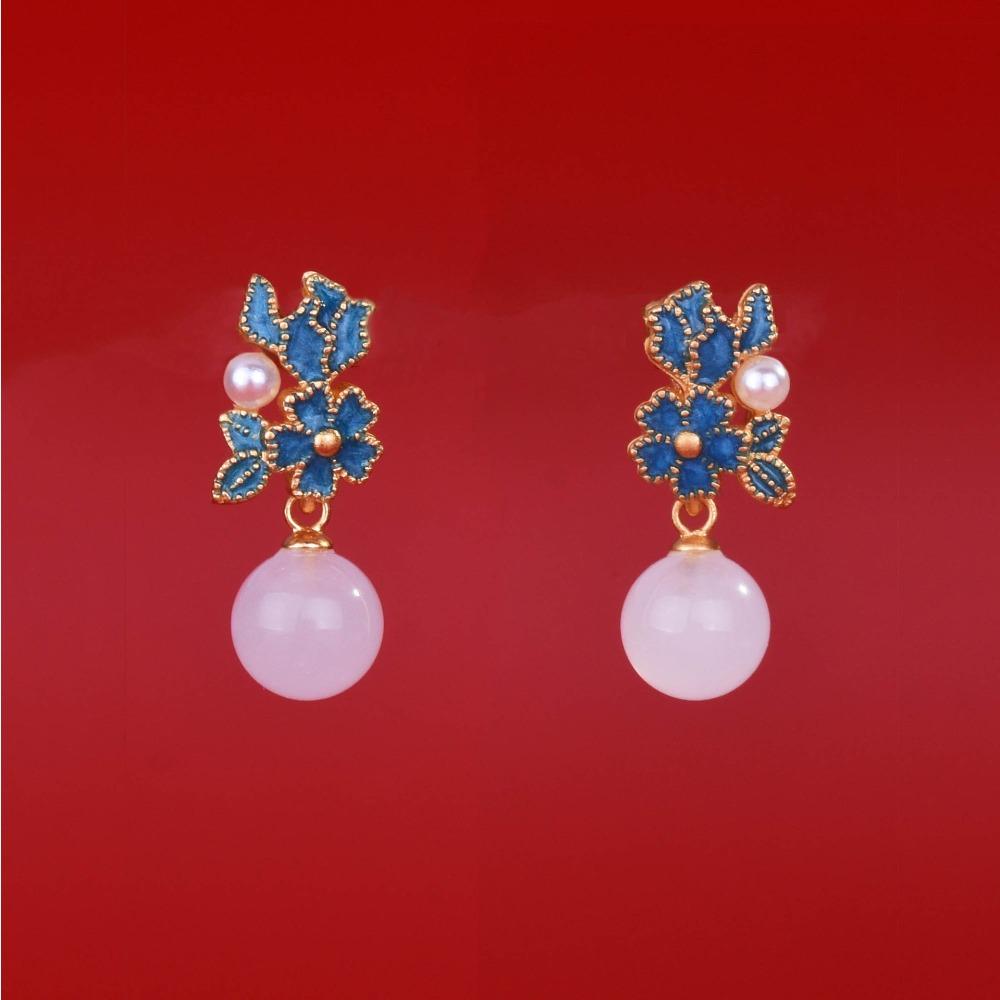 Chinese Style Imitation Hetian Jade Earrings Women Vintage Enamel Round Bead Earrings Ancient Gold Craft