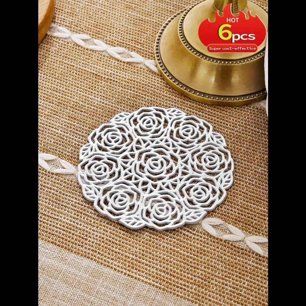 1pc Cocktail Coasters, Round Rose Hollow Coasters, Washable, Easy To Clean, Non-Slip, Heat-Resistant Suitable For Dining Table Decor, Home Decor