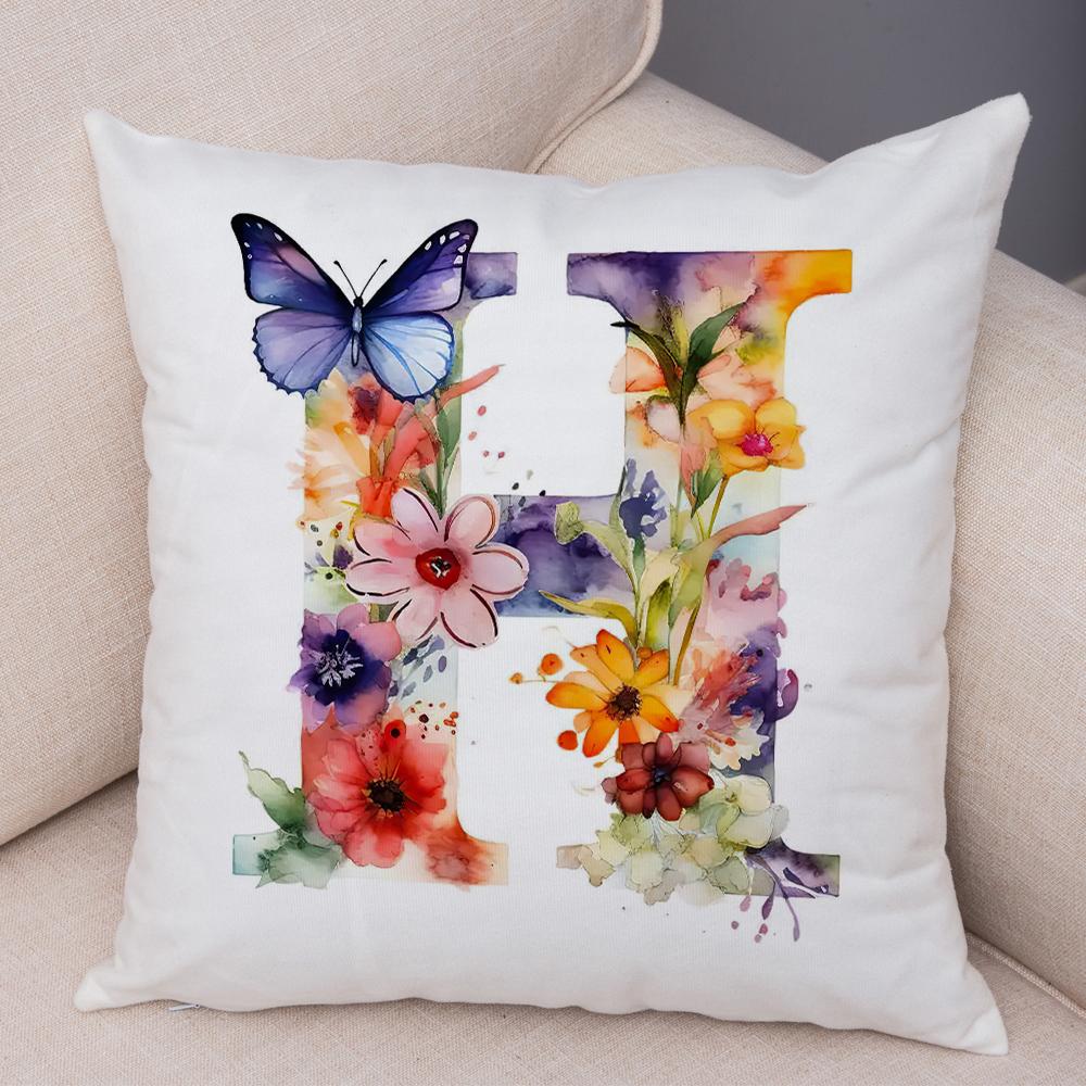 Floral Letter J Pillowcase Double Print Watercolor Letter U Cushion Cover Soft Plush Flower Letter D Pillowcase for Sofa Home