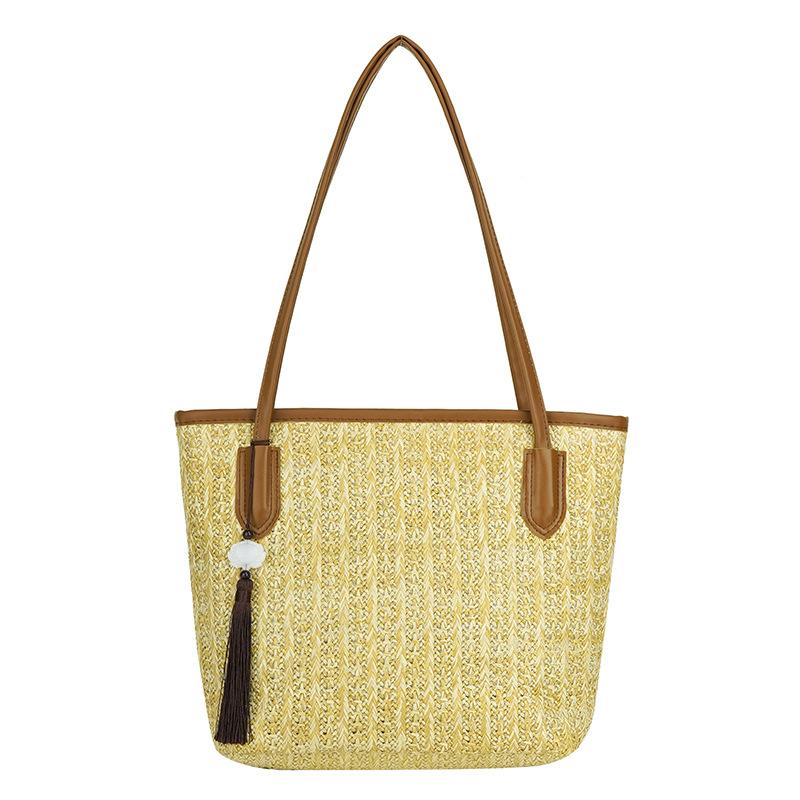 

Summer large-capacity new straw bag women s bag niche design shoulder bag contrasting color splicing woven tote bag коричневий