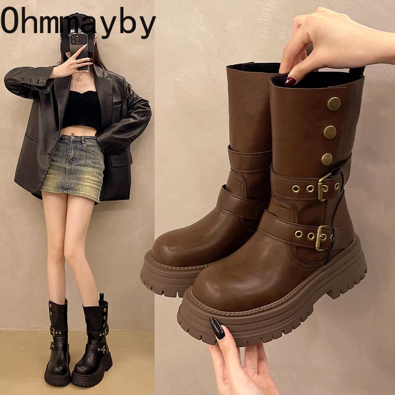 Winter Fashion Platform Women Knight Boots Designer Belt Buckle Thick Bottom Shoes Elegant Mid Calf Booties