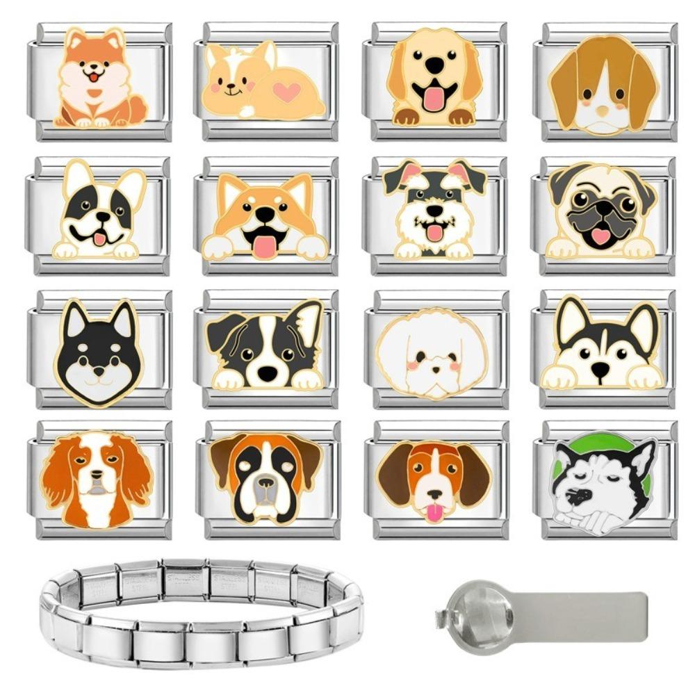 9mm Italian Modular Bracelet Links Beads Stainless Steel Dog Charm Connector Modular Design Stainless Steel Bracelet Family Gift