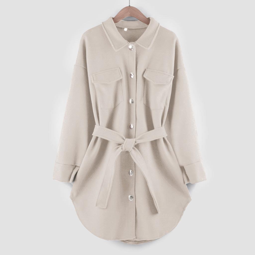 Einreihige, langärmlige Wolljacke für Damen mit einfarbigem Gürtel und Taschen