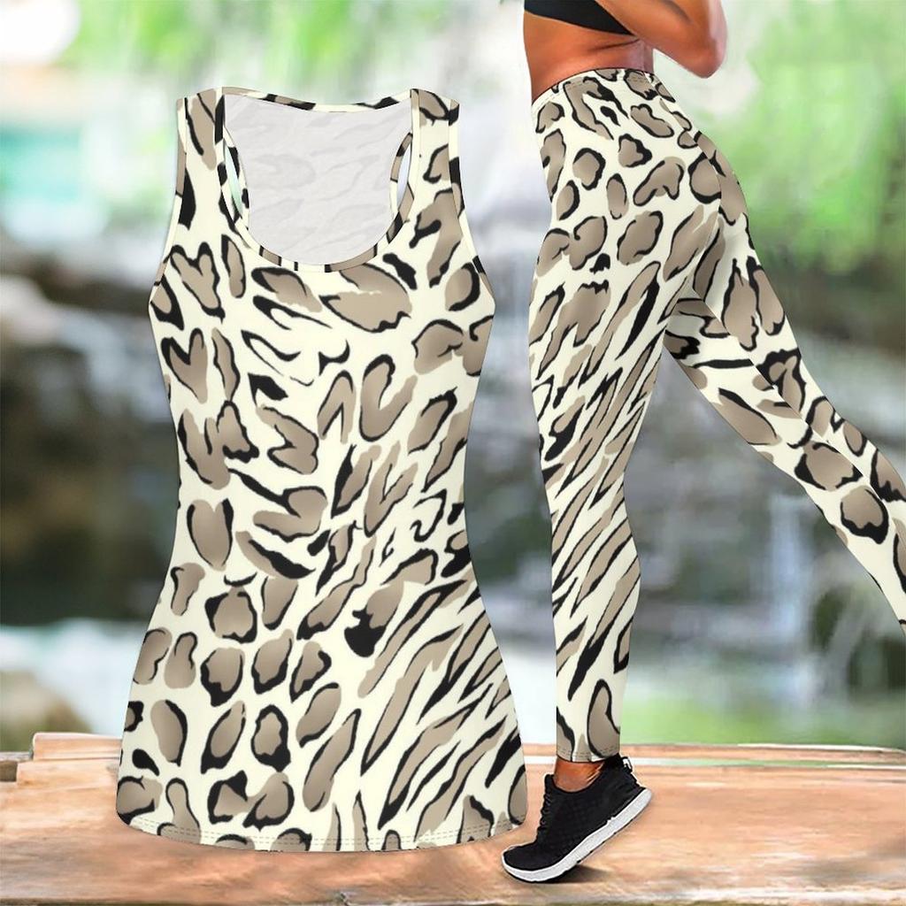 Leopard Print Yoga Outfit for Women Fashion Workout Leggings Fitness Sports Casual Yoga Set Sports Suit