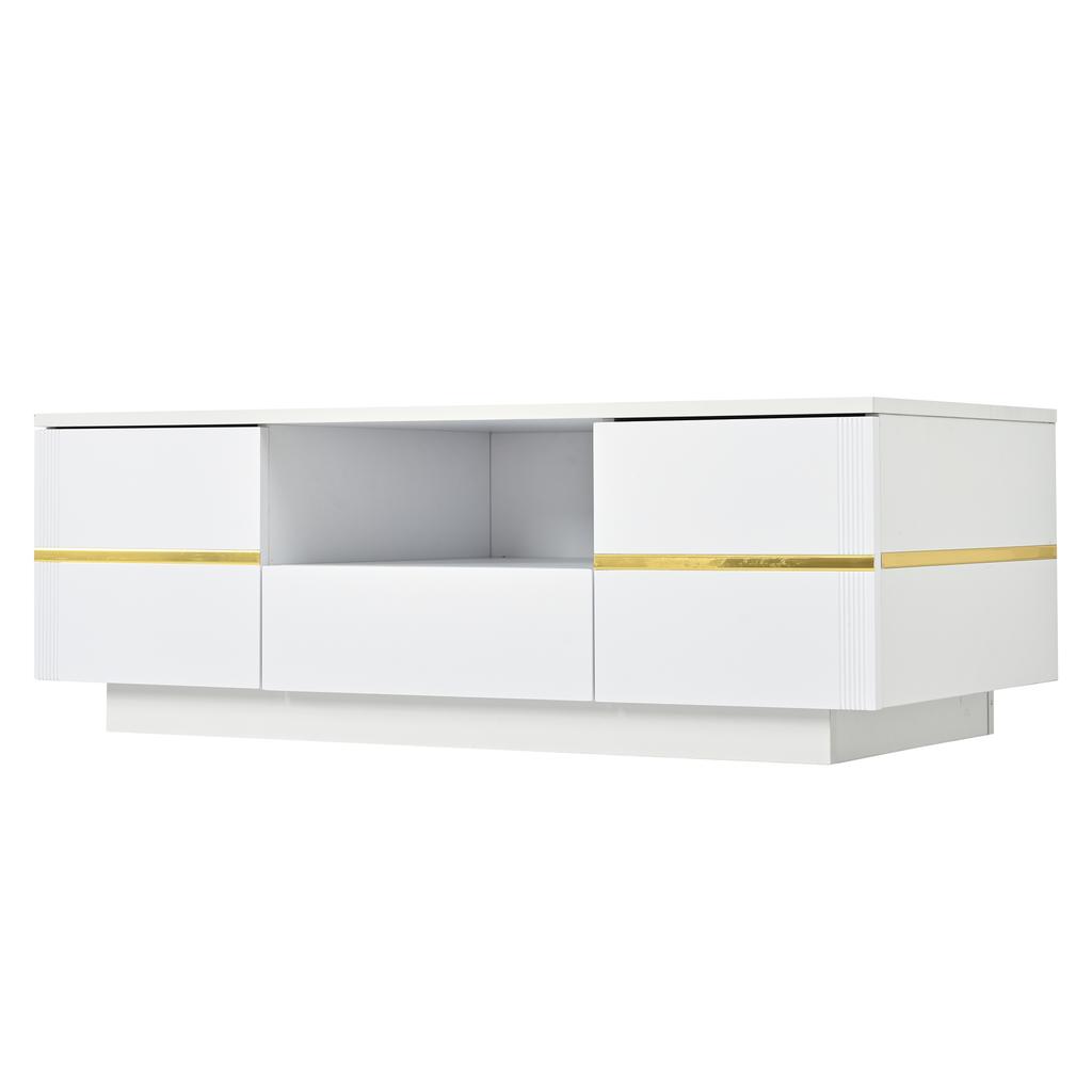 Modern Coffee Table with LED Lighting, Sofa Table, Semi-Open Shelf & 2 Doors, up to 30 kg Load Capacity, White + Golden Accents, 100×50×35.5cm