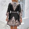 Women's V Neck Seven Sleeve A Line Dress Loose Fit Waist Tie Paisley Print Casual Summer Shirt Mini Dress
