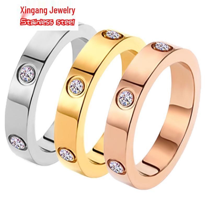 Titanstahl Partnerring für Damen und Herren mit Sechs Diamanten, Ins Stil, Farbechter Edelstahl Finger Schmuck.