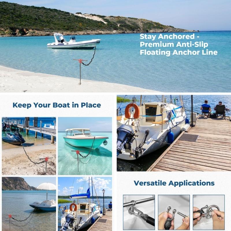 Shore-Side Mooring Rope for Small Boat Stops, Elastic Dock Line Set with Beach Stake and Quick Clip Connection