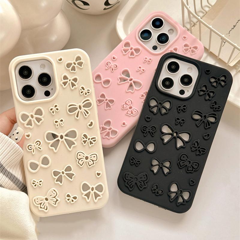 Cute 3D Pretty Bowknot Hollow-Out Soft Silicone Case For iPhone 13 14 15 16 17 Air Pro Max Phone Back Cover
